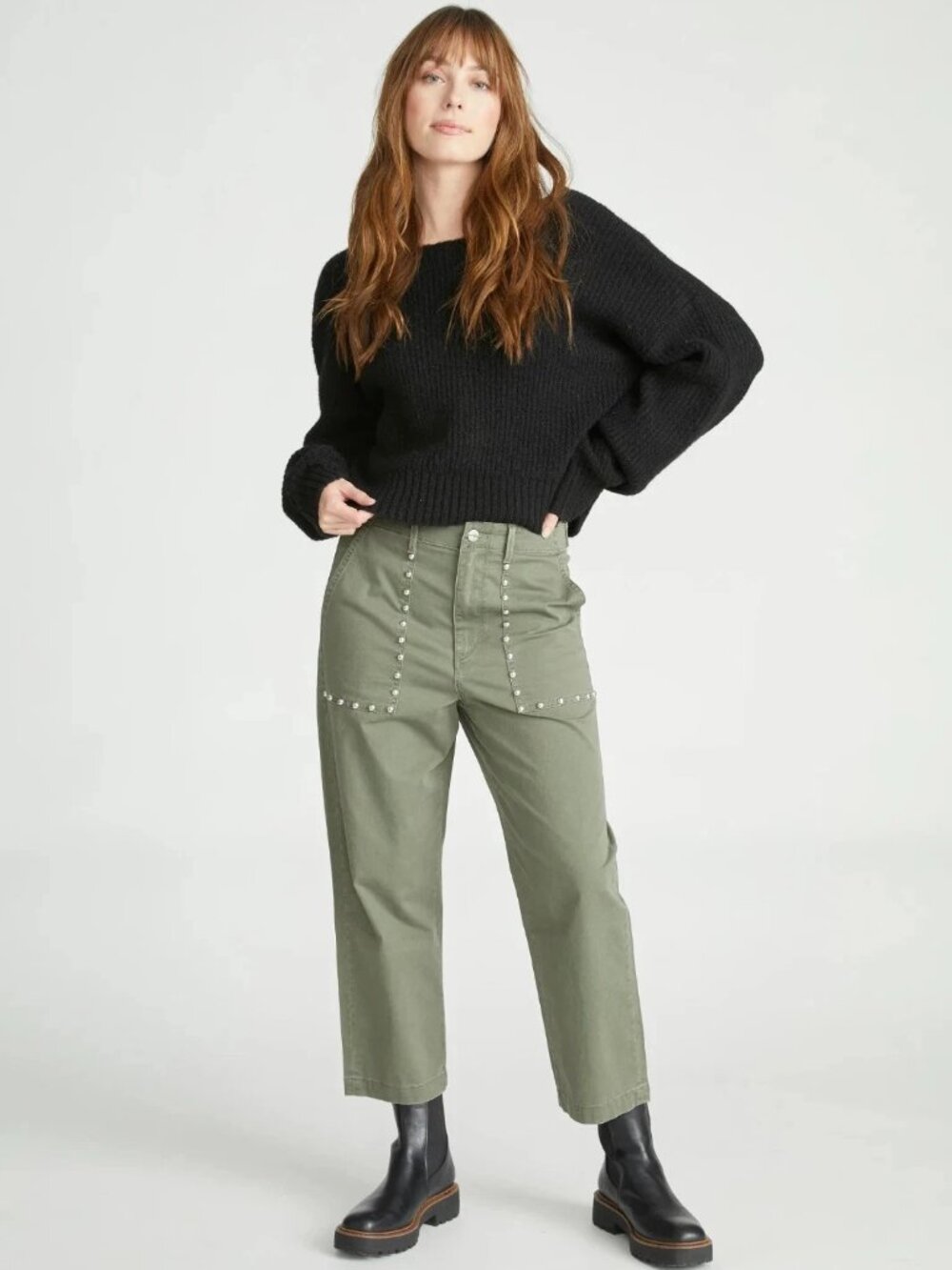 New Driftwood Boyfriend Trouser Pants Studded Crop Utility Pocket Army Green 27